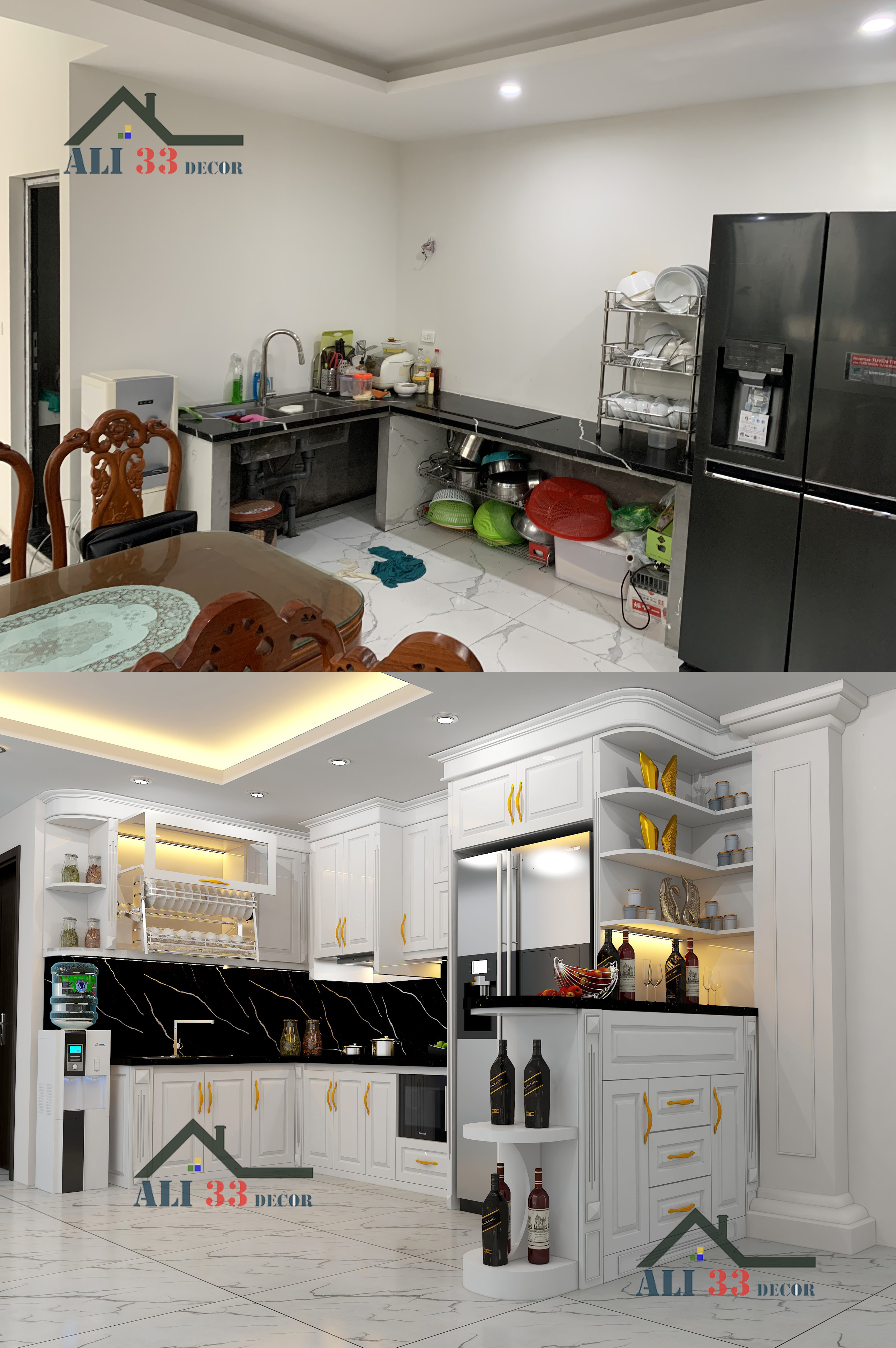 Thiết kế thi công tủ bếp tân cổ điển màu trắng nhà anh Vinh - Lê Văn Lương