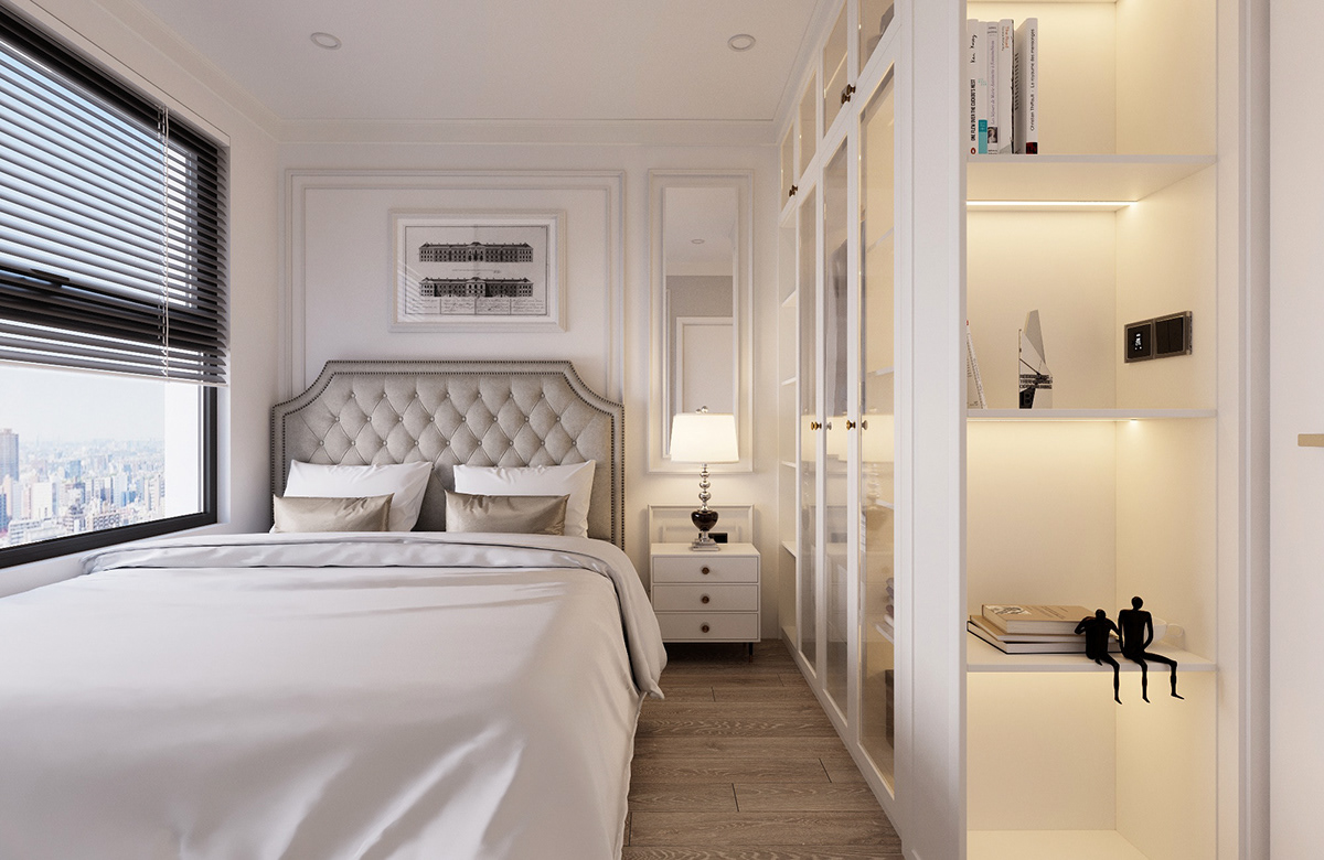 Thiết kế phòng ngủ chung cư cao cấp phong cách tân cổ điển màu trắng chủ đạo