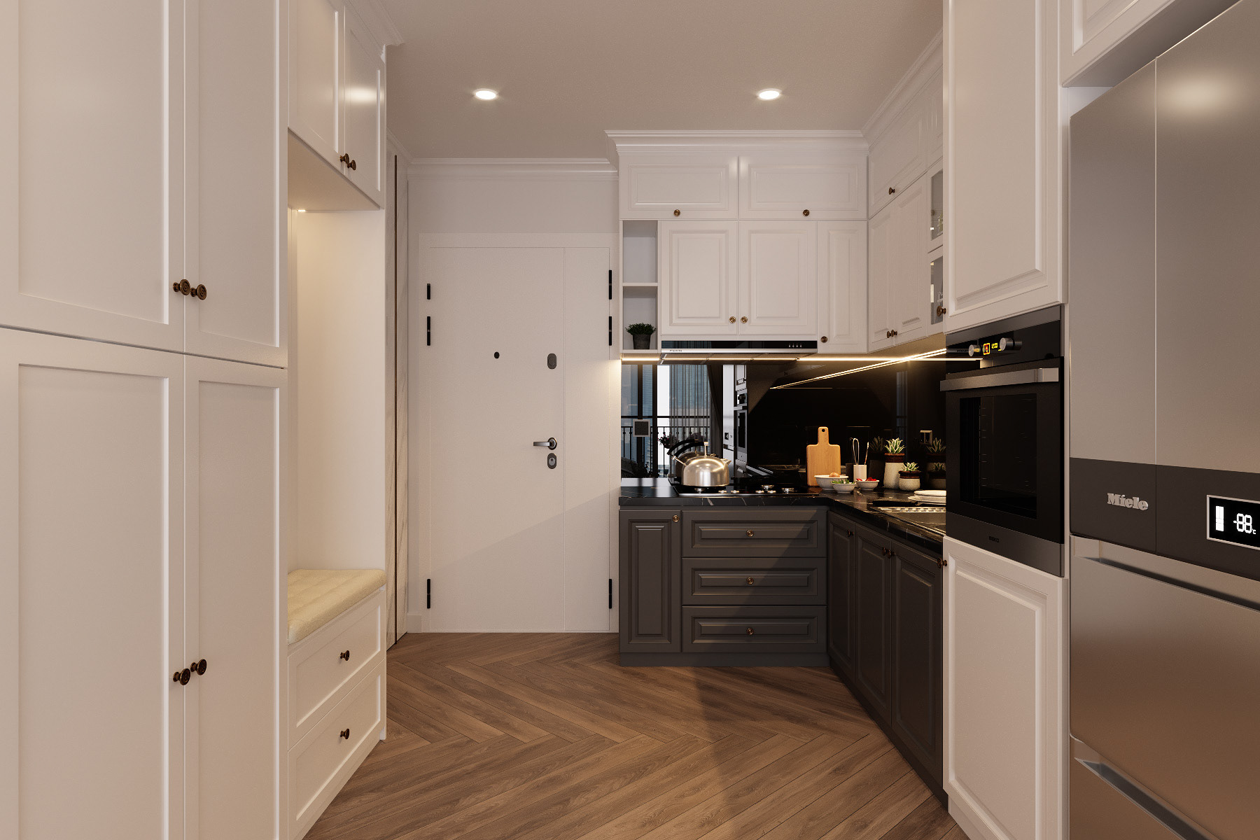 Thiết kế khu vực tủ giày và lối hành lang vào phòng bếp chung cư Mipec-Rubik360