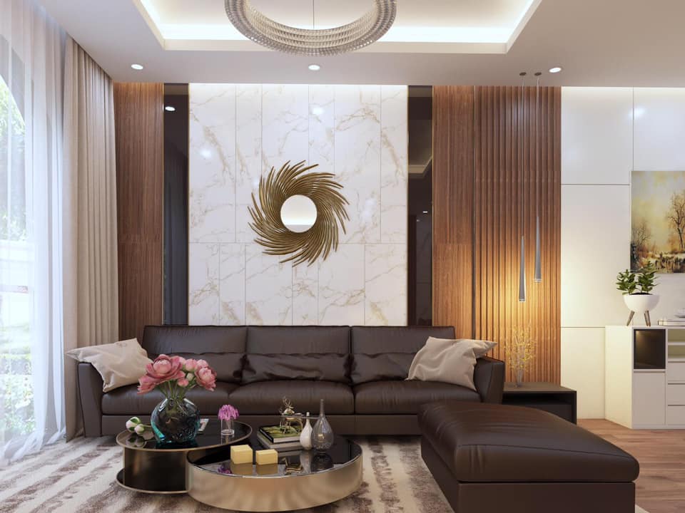Mẫu nội thất phòng khách hiện đại với vách trang trí hệ nan và ốp pvc giả đá hiện đại xu hướng 2021