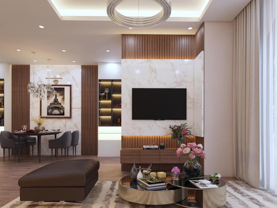 Mẫu nội thất phòng khách hiện đại với vách trang trí hệ nan và ốp pvc giả đá hiện đại xu hướng 2021